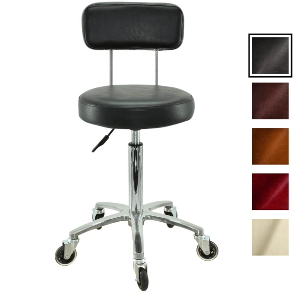 Premium Rollhocker mit Lehne in Schwarz - Rundsitz / Drehhocker Arbeitshocker Praxishocker von 55 - 75 cm