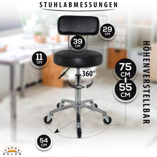Premium Rollhocker mit Lehne in Schwarz - Rundsitz / Drehhocker Arbeitshocker Praxishocker von 55 - 75 cm