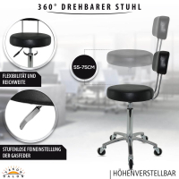 Premium Rollhocker mit Lehne in Schwarz - Rundsitz / Drehhocker Arbeitshocker Praxishocker von 55 - 75 cm