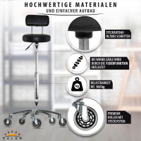 Premium Rollhocker mit Lehne in Schwarz - Rundsitz / Drehhocker Arbeitshocker Praxishocker von 55 - 75 cm