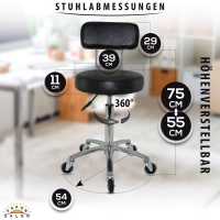 Premium Rollhocker mit Lehne in Schwarz - Rundsitz / Drehhocker Arbeitshocker Praxishocker von 55 - 75 cm