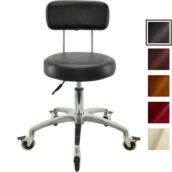 Premium Rollhocker mit Lehne und Bremsen  in Schwarz - Rundsitz / Drehhocker Arbeitshocker Praxishocker von 50 - 65 cm