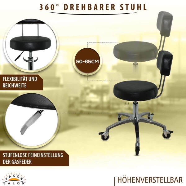 Premium Rollhocker mit Lehne und Bremsen  in Schwarz - Rundsitz / Drehhocker Arbeitshocker Praxishocker von 50 - 65 cm