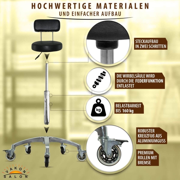 Premium Rollhocker mit Lehne und Bremsen  in Schwarz - Rundsitz / Drehhocker Arbeitshocker Praxishocker von 50 - 65 cm