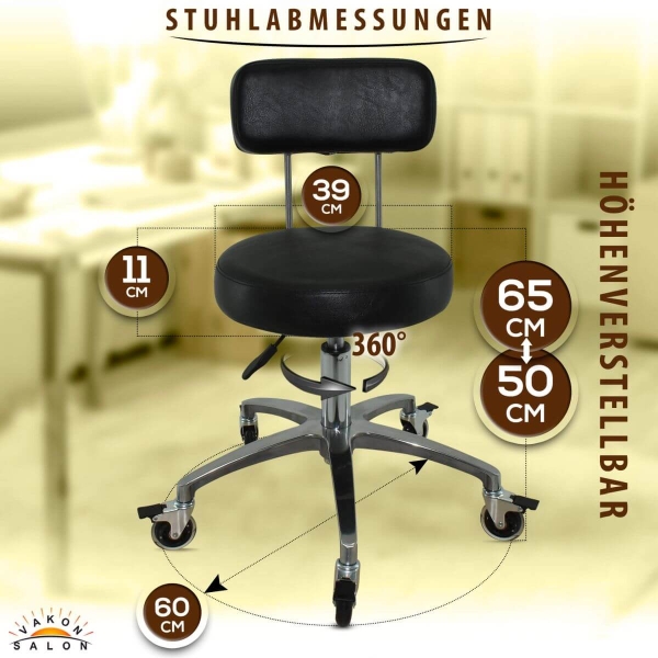 Premium Rollhocker mit Lehne und Bremsen  in Schwarz - Rundsitz / Drehhocker Arbeitshocker Praxishocker von 50 - 65 cm