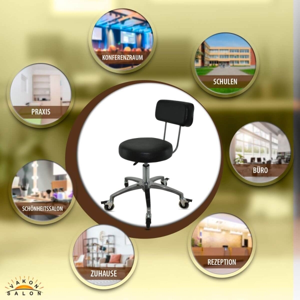 Premium Rollhocker mit Lehne und Bremsen  in Schwarz - Rundsitz / Drehhocker Arbeitshocker Praxishocker von 50 - 65 cm