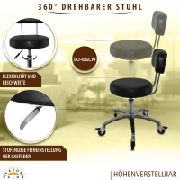 Premium Rollhocker mit Lehne und Bremsen  in Schwarz - Rundsitz / Drehhocker Arbeitshocker Praxishocker von 50 - 65 cm