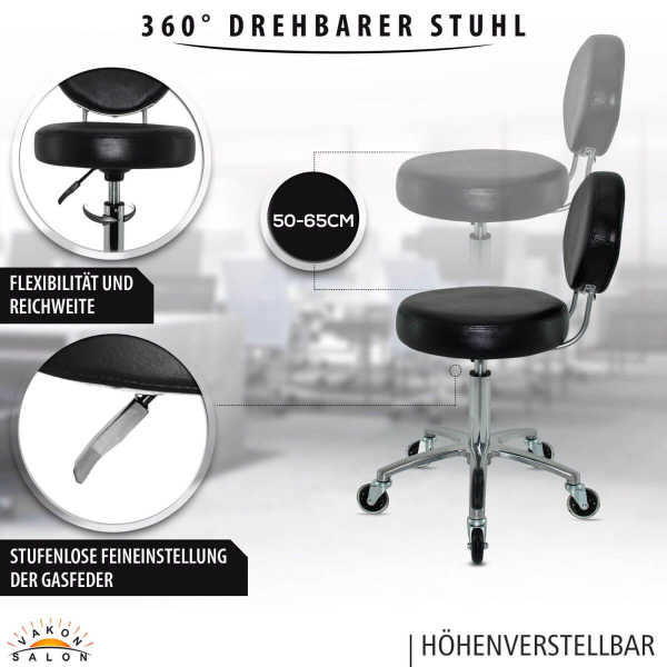 Premium Rollhocker mit ovaler Lehne in Schwarz - Rundsitz / Drehhocker Arbeitshocker Praxishocker von 50 - 65 cm