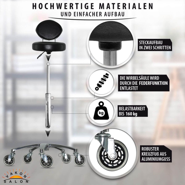 Premium Rollhocker mit ovaler Lehne in Schwarz - Rundsitz / Drehhocker Arbeitshocker Praxishocker von 50 - 65 cm