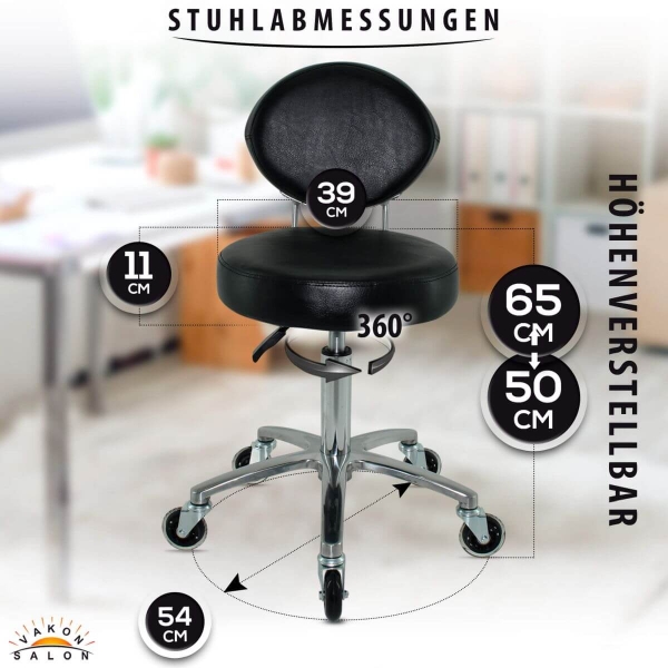 Premium Rollhocker mit ovaler Lehne in Schwarz - Rundsitz / Drehhocker Arbeitshocker Praxishocker von 50 - 65 cm