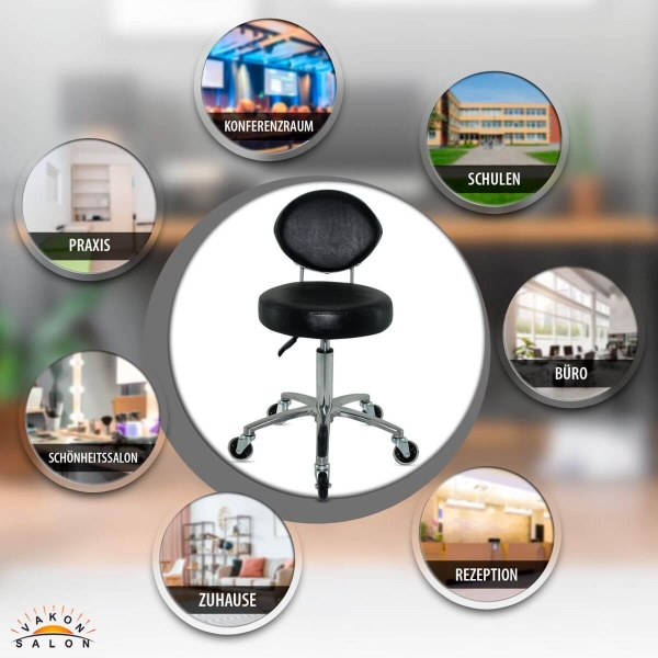 Premium Rollhocker mit ovaler Lehne in Schwarz - Rundsitz / Drehhocker Arbeitshocker Praxishocker von 50 - 65 cm
