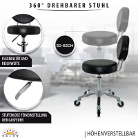 Premium Rollhocker mit ovaler Lehne in Schwarz - Rundsitz / Drehhocker Arbeitshocker Praxishocker von 50 - 65 cm