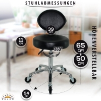 Premium Rollhocker mit ovaler Lehne in Schwarz - Rundsitz / Drehhocker Arbeitshocker Praxishocker von 50 - 65 cm