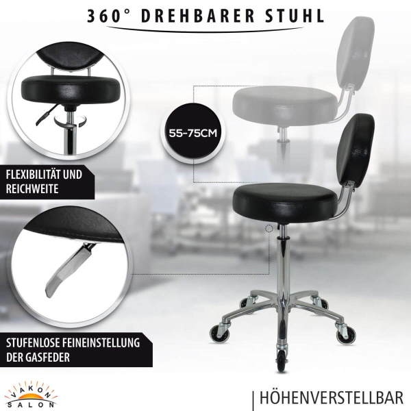 Premium Rollhocker mit ovaler Lehne in Schwarz - Rundsitz / Drehhocker Arbeitshocker Praxishocker von 55 - 75 cm