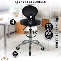 Premium Rollhocker mit ovaler Lehne in Schwarz - Rundsitz / Drehhocker Arbeitshocker Praxishocker von 55 - 75 cm