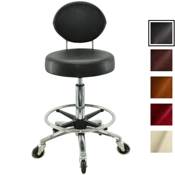 Premium Rollhocker mit ovaler Lehne in Schwarz - Rundsitz / Drehhocker Arbeitshocker Praxishocker von 55 - 75 cm mit Fußring