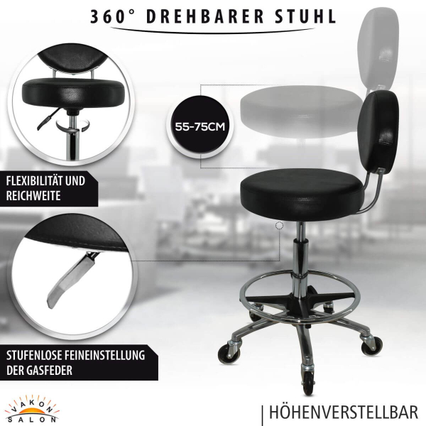 Premium Rollhocker mit ovaler Lehne in Schwarz - Rundsitz / Drehhocker Arbeitshocker Praxishocker von 55 - 75 cm mit Fußring