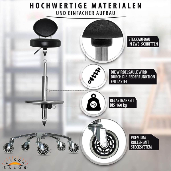 Premium Rollhocker mit ovaler Lehne in Schwarz - Rundsitz / Drehhocker Arbeitshocker Praxishocker von 55 - 75 cm mit Fußring