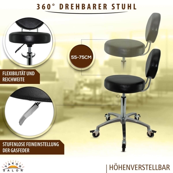 Premium Rollhocker mit ovaler Lehne und Bremsen  in Schwarz - Rundsitz / Drehhocker Arbeitshocker Praxishocker von 55 - 75 cm