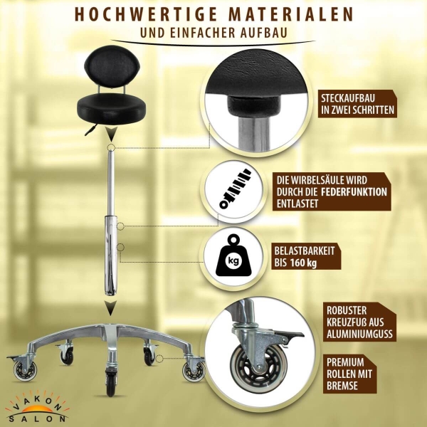 Premium Rollhocker mit ovaler Lehne und Bremsen  in Schwarz - Rundsitz / Drehhocker Arbeitshocker Praxishocker von 55 - 75 cm