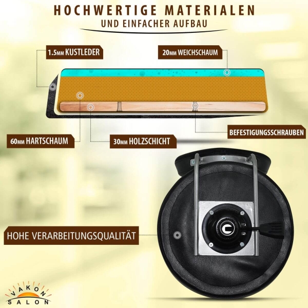 Premium Rollhocker mit ovaler Lehne und Bremsen  in Schwarz - Rundsitz / Drehhocker Arbeitshocker Praxishocker von 55 - 75 cm