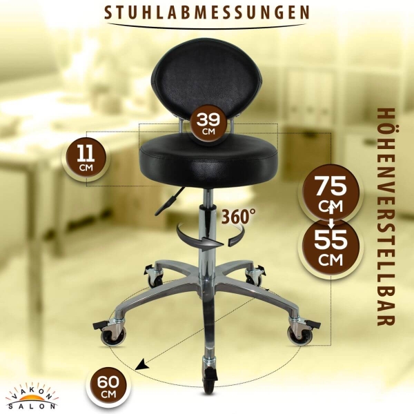 Premium Rollhocker mit ovaler Lehne und Bremsen  in Schwarz - Rundsitz / Drehhocker Arbeitshocker Praxishocker von 55 - 75 cm