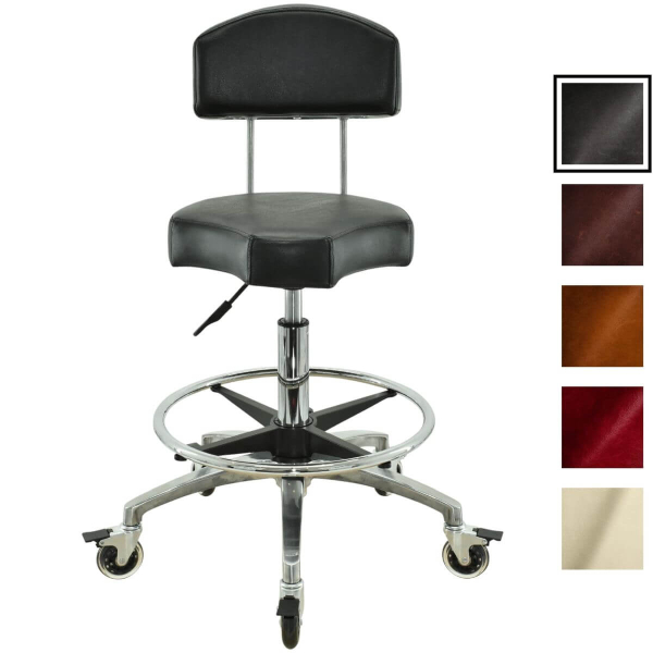 Schwarzer Rollhocker mit Lehne Bremsen, ergonomischen Sitz, höhenverstellbar von 55 - 75 cm mit Fußring