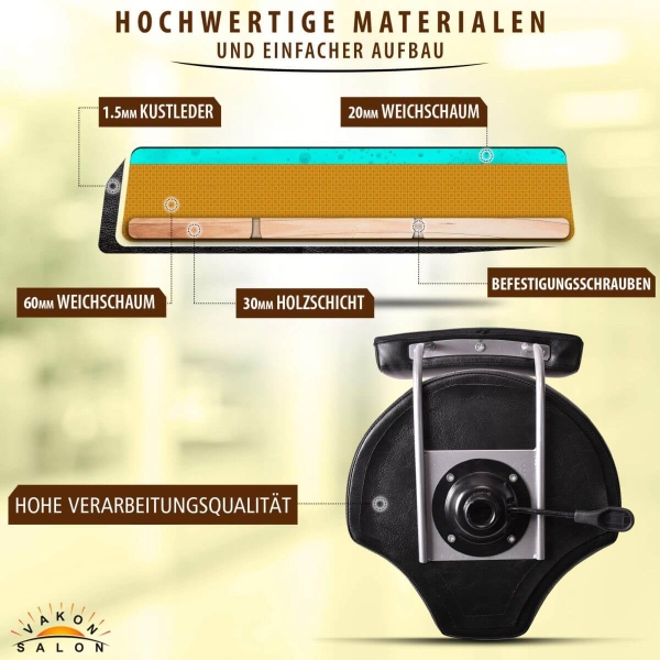 Schwarzer Rollhocker mit Lehne Bremsen, ergonomischen Sitz, höhenverstellbar von 55 - 75 cm mit Fußring