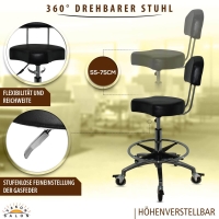 Schwarzer Rollhocker mit Lehne Bremsen, ergonomischen Sitz, höhenverstellbar von 55 - 75 cm mit Fußring