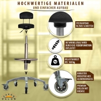 Schwarzer Rollhocker mit Lehne Bremsen, ergonomischen Sitz, höhenverstellbar von 55 - 75 cm mit Fußring