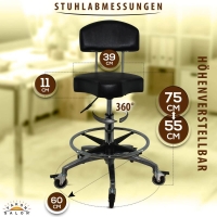 Schwarzer Rollhocker mit Lehne Bremsen, ergonomischen Sitz, höhenverstellbar von 55 - 75 cm mit Fußring