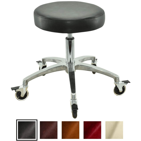 Schwarzer Rollhocker mit runder Sitz und Bremsen, höhenverstellbar von 50 - 65 cm
