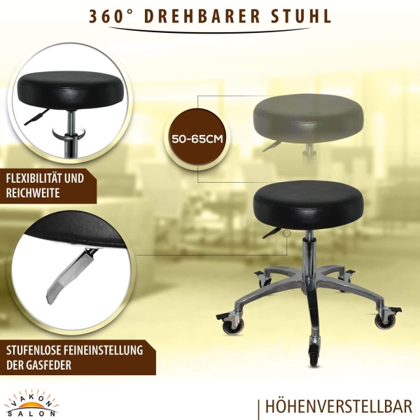 Schwarzer Rollhocker mit runder Sitz und Bremsen, höhenverstellbar von 50 - 65 cm