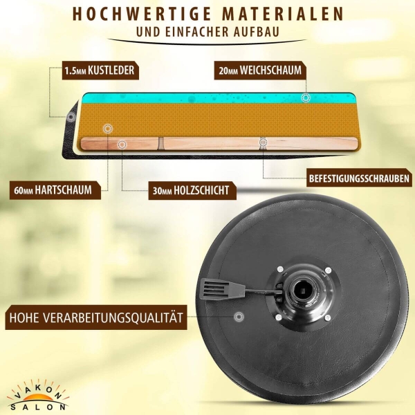 Schwarzer Rollhocker mit runder Sitz und Bremsen, höhenverstellbar von 50 - 65 cm