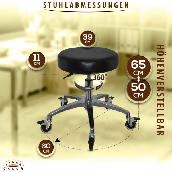 Schwarzer Rollhocker mit runder Sitz und Bremsen, höhenverstellbar von 50 - 65 cm