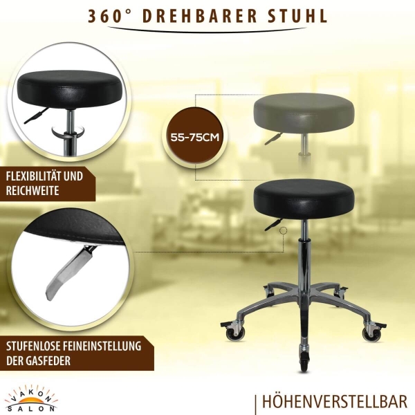 Schwarzer Rollhocker mit runder Sitz und Bremsen, höhenverstellbar von 55 - 75 cm