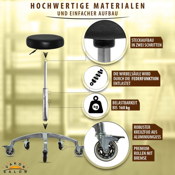 Schwarzer Rollhocker mit runder Sitz und Bremsen, höhenverstellbar von 55 - 75 cm