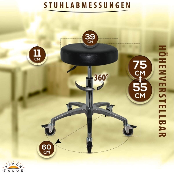 Schwarzer Rollhocker mit runder Sitz und Bremsen, höhenverstellbar von 55 - 75 cm