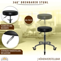 Schwarzer Rollhocker mit runder Sitz und Bremsen, höhenverstellbar von 55 - 75 cm