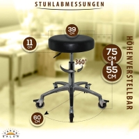 Schwarzer Rollhocker mit runder Sitz und Bremsen, höhenverstellbar von 55 - 75 cm