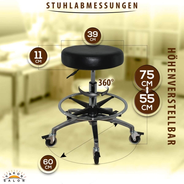 Schwarzer Rollhocker mit runder Sitz und Bremsen, höhenverstellbar von 55 - 75 cm mit Fußring