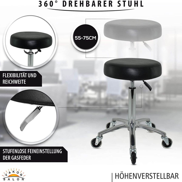Schwarzer Rollhocker mit runder Sitz, höhenverstellbar von 55 - 75 cm