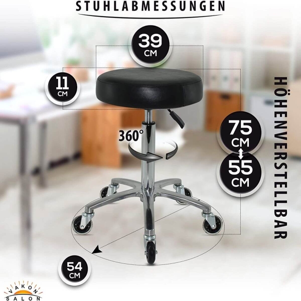 Schwarzer Rollhocker mit runder Sitz, höhenverstellbar von 55 - 75 cm