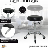 Schwarzer Rollhocker mit runder Sitz, höhenverstellbar von 55 - 75 cm