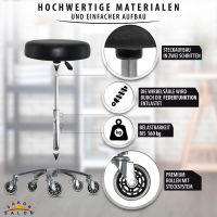 Schwarzer Rollhocker mit runder Sitz, höhenverstellbar von 55 - 75 cm