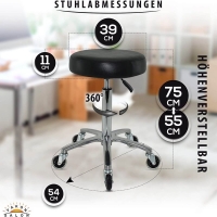 Schwarzer Rollhocker mit runder Sitz, höhenverstellbar von 55 - 75 cm