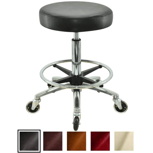 Schwarzer Rollhocker mit runder Sitz, höhenverstellbar von 55 - 75 cm mit Fußring