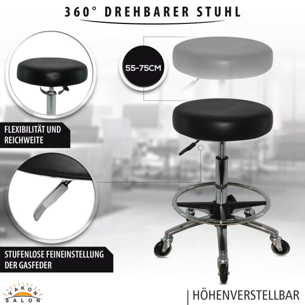 Schwarzer Rollhocker mit runder Sitz, höhenverstellbar von 55 - 75 cm mit Fußring