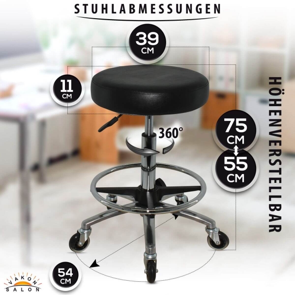 Schwarzer Rollhocker mit runder Sitz, höhenverstellbar von 55 - 75 cm mit Fußring