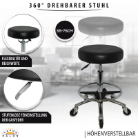 Schwarzer Rollhocker mit runder Sitz, höhenverstellbar von 55 - 75 cm mit Fußring